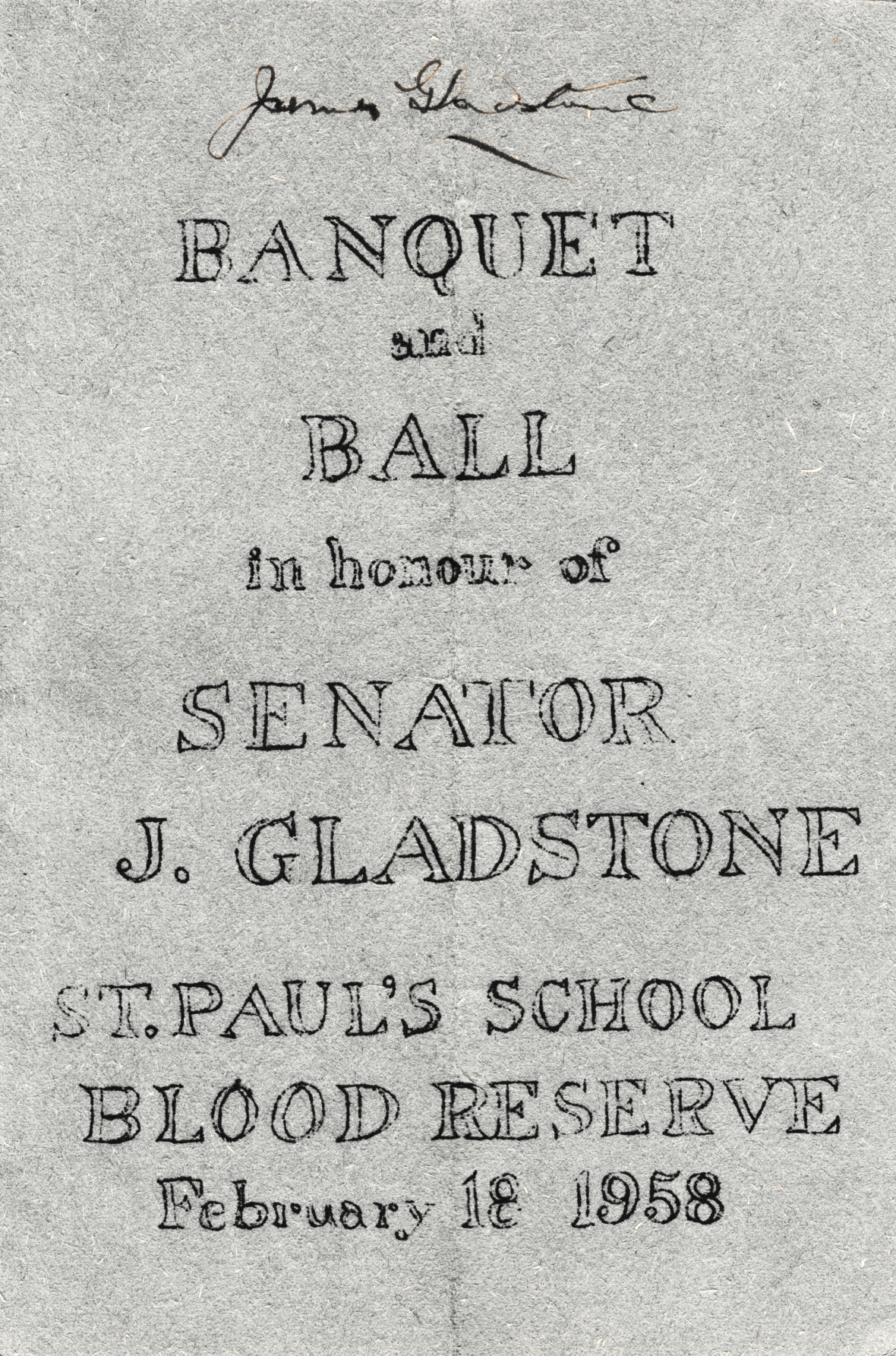 Program for the St. Paul’s banquet celebrating Jim Gladstone’s appointment to the Senate